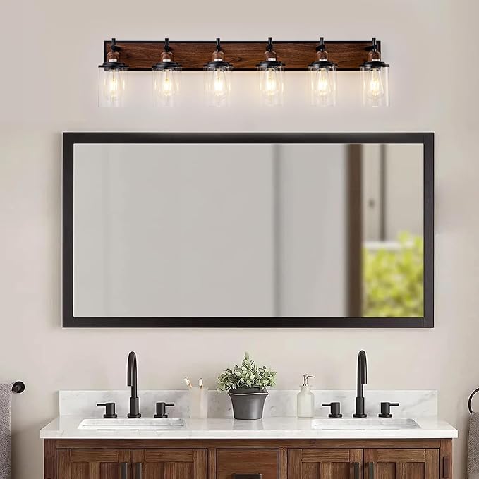 6-Light Farmhouse Bathroom Light Fixtures Vintage Bathroom Vanity Lights Over Mirror Black and Wood Painted Metal Vanity Light for Bathroom with Glass Shades E26 Socket
