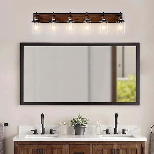6-Light Farmhouse Bathroom Light Fixtures Vintage Bathroom Vanity Lights Over Mirror Black and Wood Painted Metal Vanity Light for Bathroom with Glass Shades E26 Socket