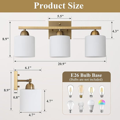Milk Glass Vanity Lights for Bathroom, 3 Light Brass Bathroom Light Fixtures Over Mirror, Ceramic E26 Sockets Wall Mounted
