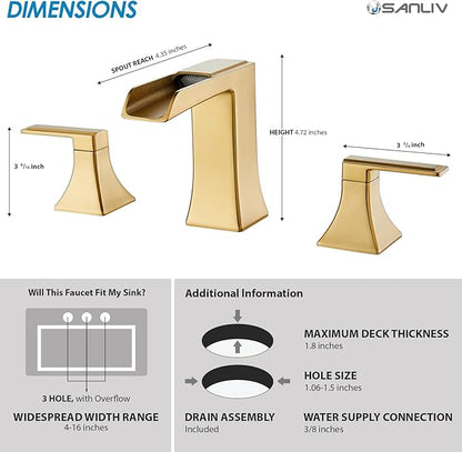 Brushed Gold Waterfall Bathroom Faucet, Sanliv 2-Handle Widespread Bathroom Faucet for 3-Hole Sinks 4-8 inch, Modern Vanity Faucets with Pop Up Drain, Champagne Bronze