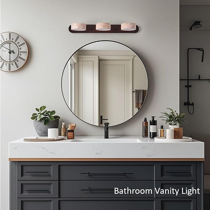 Yellow Travertine Vanity Light, 19.69" Wabi Sabi Modern Wooden Bathroom Light 360° Rotatable Natural Stone Lampshade Wall Lighting Fixture Over Mirror for Bathroom Farmhouse Home Decor 3 Lights