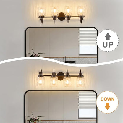 4 Lights Bathroom Vanity Light, Oil Rubbed Bronze Bathroom Light Fixtures with Hammered Glass Lampshade for Dressing Table,Over Mirror,Hallway