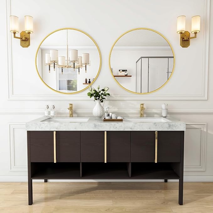 Gold Round Bathroom Mirror 24", Thin Metal Frame Wall Mirror | Circle Vanity Mirror for Over Sink, Hanging or Leaning Decor for Hallway, Entryway, Fireplace Mantel, Living Room