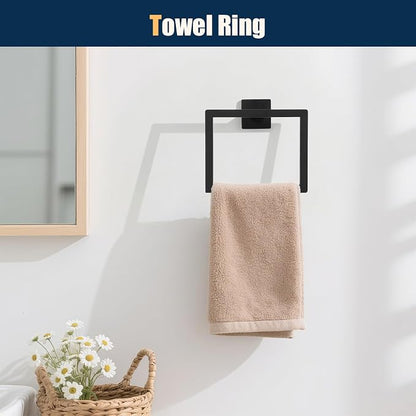 10 Pcs Matte Black Bathroom Hardware Accessories Set 23.6 Inch Wall Mounted | Bath Towel Bar Kit with Square Towel Racks Ring and Towel Hooks, Paper Holder, 304 Stainless Steel