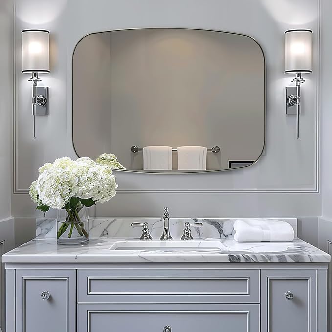 Brushed Nickel Bathroom Mirror, 30x36’’ Oblong Mirror with Stainless Steel Metal Frame, Silver Oval Vanity Mirror for Over Sink, Modern Anti Rust Wall Mounted