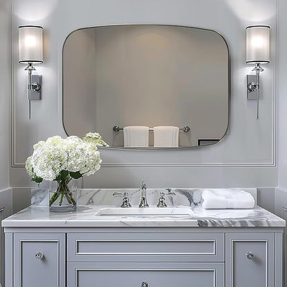 Brushed Nickel Bathroom Mirror, 30x36’’ Oblong Mirror with Stainless Steel Metal Frame, Silver Oval Vanity Mirror for Over Sink, Modern Anti Rust Wall Mounted