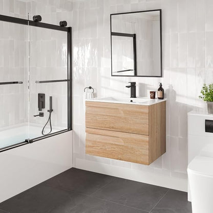 Eviva Joy 28 in. Maple Wall MountSingle Sink Bath Vanity with Porcelain Top and Integrated Sink