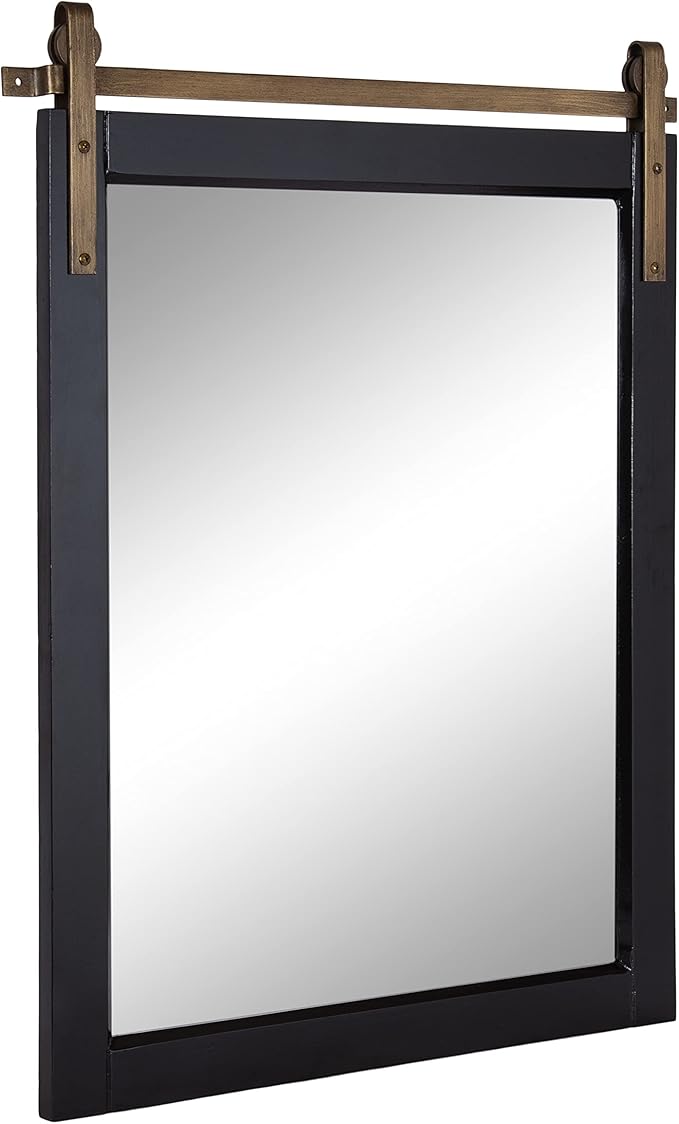 Kate and Laurel Skylan Modern Decorative Wood Framed Wall Mirror; 24 x 31; Black and Gold; Barn Door Hanging Mirror for Bathroom or Living Room