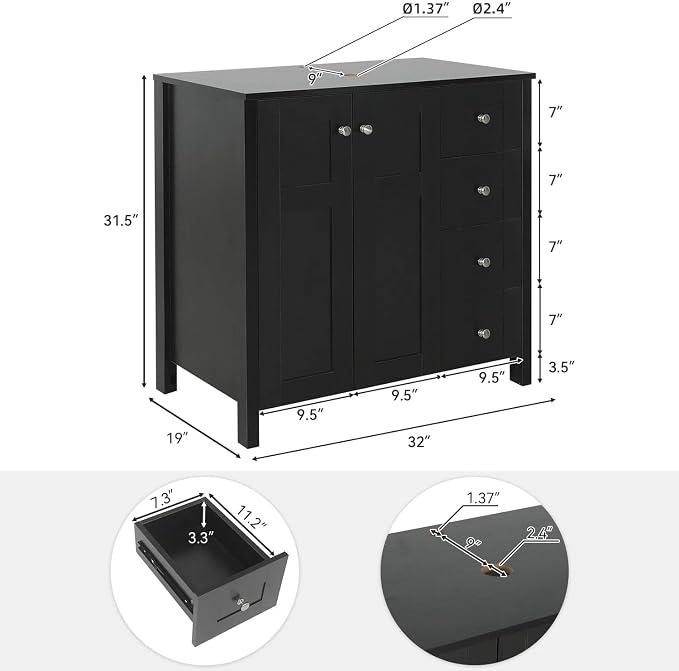 32'' Bathroom Vanity with Sink, Modern Bathroom Cabinet, Black | 2 Soft-Close Cabinet Doors, 4 Drawers, 2-Tier Inner Shelf, Freestanding Large Storage Cabinet, Brown Round Glass Sink