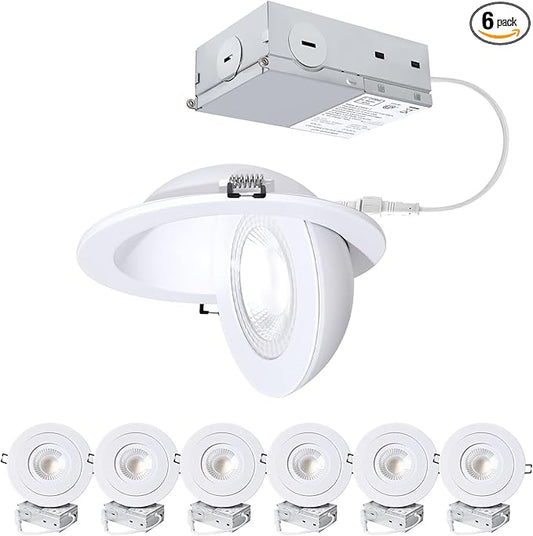 6-Inch Gimbal Recessed Light - 12W 90° Tilt & 360° Rotation, 5CCT (2700K-5000K), IC Rated LED Eyeball Recessed Lighting, for Sloped Ceilings, Soffit Light, Hallyway，Kitchens, White 6 Pack