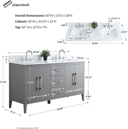 60 Inch Bathroom Vanity with Sink & Ceramic Top, Double Vanity Cabinet with Basin, Soft-Closing Doors & Matte Black Hardware, Grey