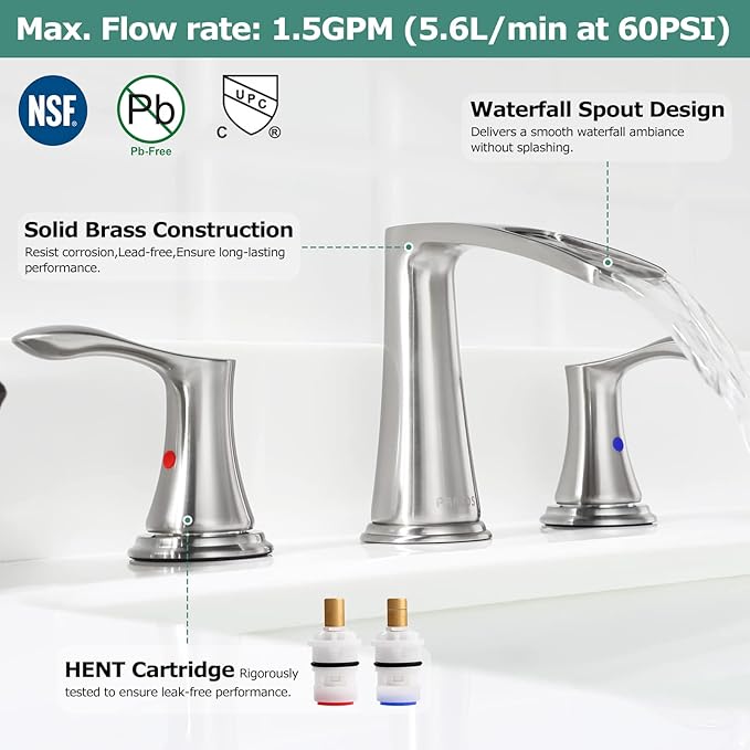 PARLOS Waterfall Widespread Bathroom Faucet 2 Handles with Metal Pop Up Drain & cUPC Faucet Supply Lines, Brushed Nickel, Demeter 1431802