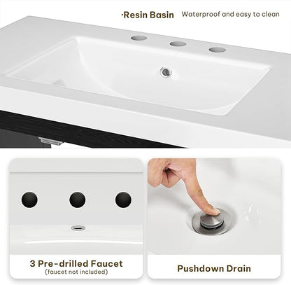 DWVO 42 Inch Bathroom Vanity with Sink Combo, Modern Bathroom Storage Cabinet with Resin Basin, Three Holes, 2 Doors & 3 Drawers, Black