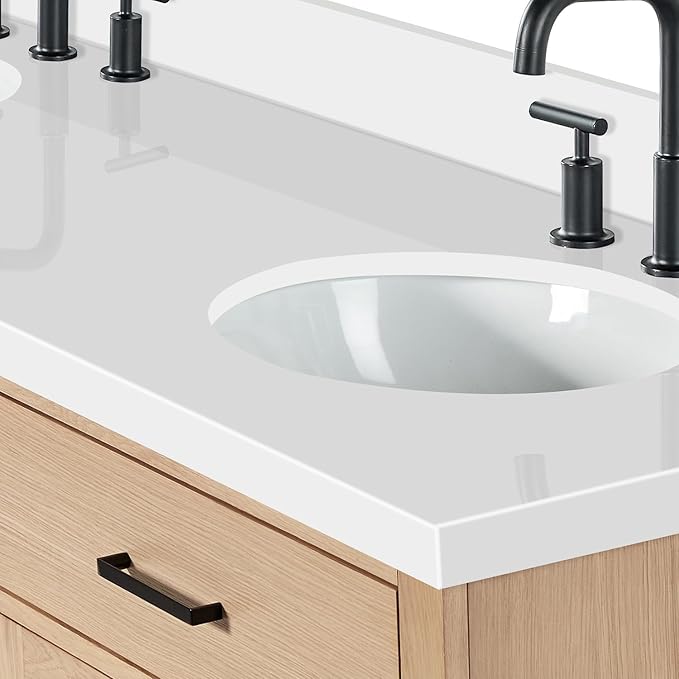 ARIEL Hepburn 72-inch Bathroom Vanity with Sink,Solid Wood, 1.5-inch Pure White Quartz Countertop & Backsplash, Double Oval Porcelain Sink, 4 Soft Closing Doors, 6 Dovetail Drawers, White Oak