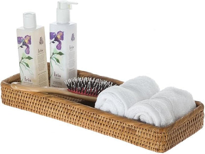 KOUBOO Rattan Vanity Tray Perfume Makeup Bathroom Organizer Honey Brown | Handwoven natural texture, slim rectangular profile, lightweight design, keeps countertop essentials neatly arranged