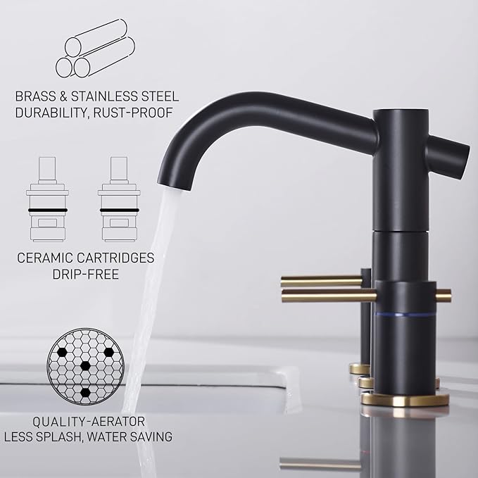 Black and Gold Bathroom Faucet 8 Inch Widespread with Strong-Core Swivel Spout 3 Hole 2-Handle Brass Lavatory Vanity Sink Faucet with Metal Overflow Drain, Matte Black and Brushed Gold