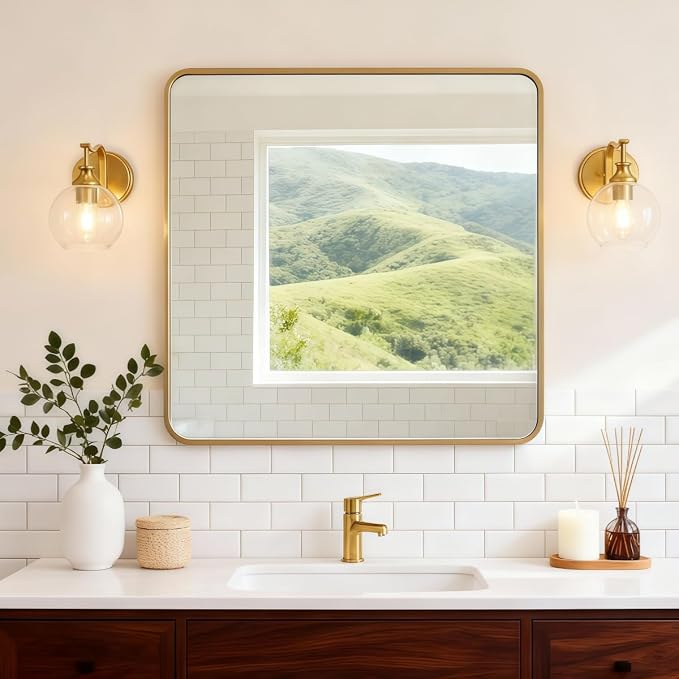 Brushed Gold Bathroom Light Fixtures, Brass Vanity Lights for Mirror, 1-Light Bathroom Wall Sconces Lighting with Globe Clear Shade Up or Down Wall Mounted for Kitchen, Living Room, Hallway