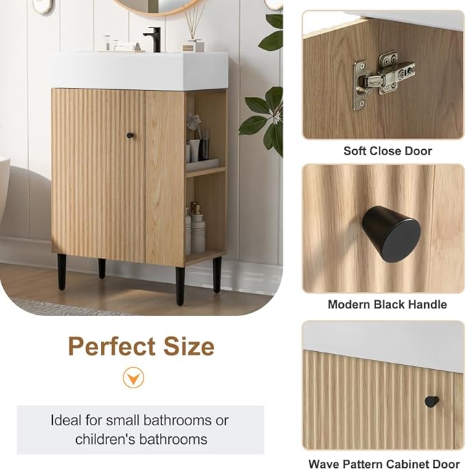 22" Small Bathroom Vanity with Sink, Morden Bathroom Vanities with Soft-Close Door and Open Shelf, Freestanding Narrow Vanity for Compact Space-Saving Bathrooms (Wood,22" Freestanding Right Shelf)