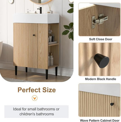22" Small Bathroom Vanity with Sink, Morden Bathroom Vanities with Soft-Close Door and Open Shelf, Freestanding Narrow Vanity for Compact Space-Saving Bathrooms (Wood,22" Freestanding Right Shelf)