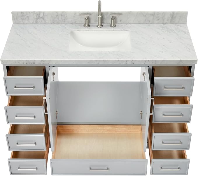 DKB Langford 54-inch Grey Bathroom Vanity with Center Rectangle Single Sink, Italian Carrara Marble Countertop & Backsplash, Solid Wood Frame, Soft-Closing & Dovetail Drawers
