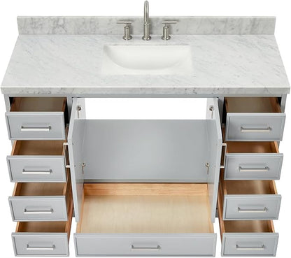 DKB Langford 54-inch Grey Bathroom Vanity with Center Rectangle Single Sink, Italian Carrara Marble Countertop & Backsplash, Solid Wood Frame, Soft-Closing & Dovetail Drawers