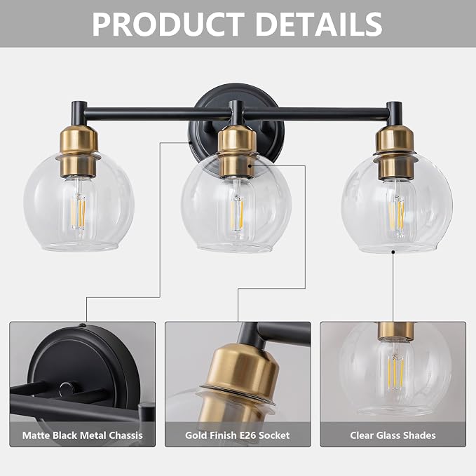Bathroom Light Fixtures,3-Light Modern Bathroom Vanity Light,Black and Gold Wall Sconce with Clear Glass Globe Shades,Adjustable Brightness Wall Lights for Kitchen,Bedroom,Hallway,Living Room