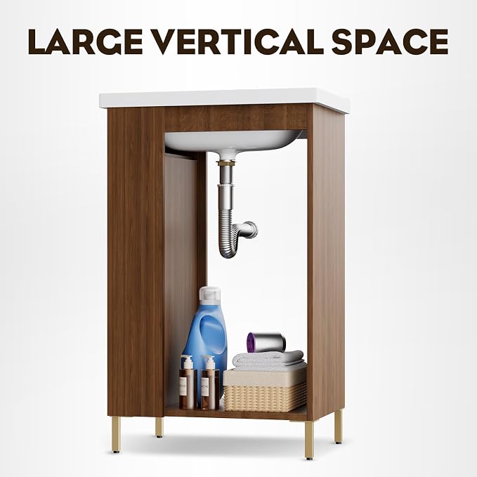Pre-Assembled 20 Inch Small Bathroom Vanity, Freestanding Walnut Bathroom Cabinet with Ceramic Sink, Soft-Close Door, Left Side Storage, No Faucet, BV05-20-WALNUT-PLUS