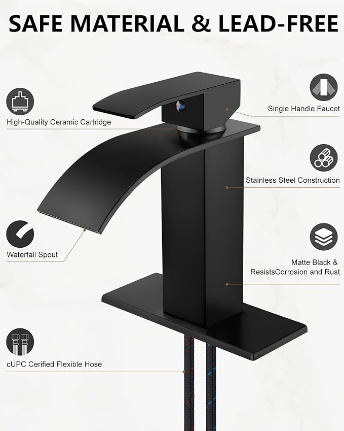 Midanya Waterfall Spout Bathroom Faucet Single Handle 1 Hole Bathroom Sink Faucet,Modern RV Lavatory Vanity Basin Tap with Water Hose,No Drain,Short Body,Matte Black