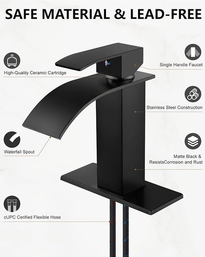 Midanya Waterfall Spout Bathroom Faucet Single Handle 1 Hole Bathroom Sink Faucet,Modern RV Lavatory Vanity Basin Tap with Water Hose,No Drain,Short Body,Matte Black