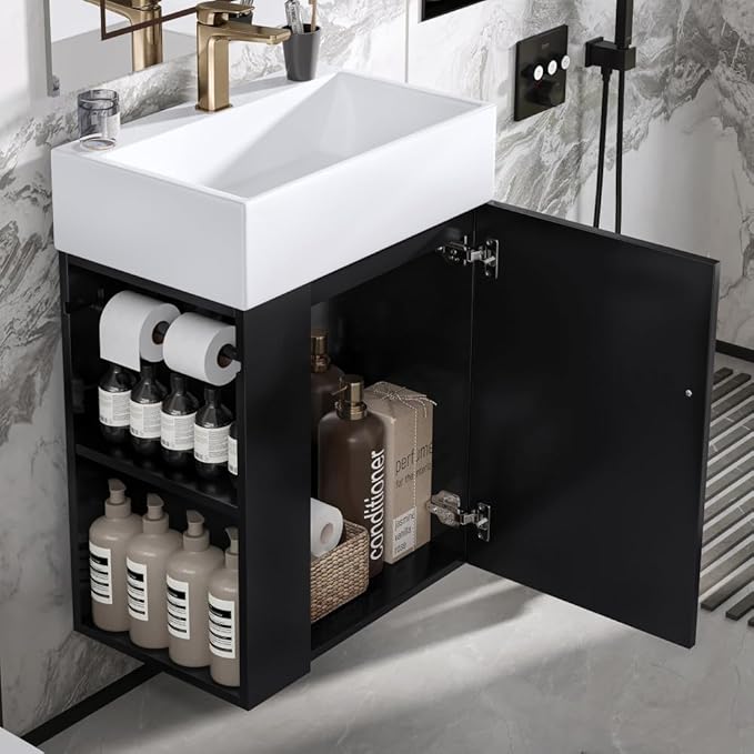 20" Floating Small Bathroom Vanity with Sink, Wall Mounted Vanity for Compact Bathrooms, Space-Saving Narrow Bathroom Vanities with Soft-Close Door Open Shelf Towel Bar (Black,20" Floating Door)