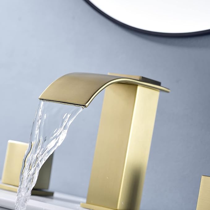 Luxury Brass Widespread Waterfall Bathroom Sink Faucets for 3 Hole 2-Handle 8 Inch Deck Vanity Faucet, &Stainless Steel Pop-up Drain Assembly, Brushed Gold