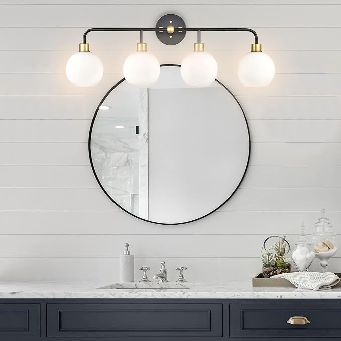 Lukasa Modern Bathroom Vanity Lights Fixtures 4-Lights Over Mirror Lighting Matte Black and Gold Vanity Lights for Bathroom Light Fixtures Frosted Glass Covers, UL Listed