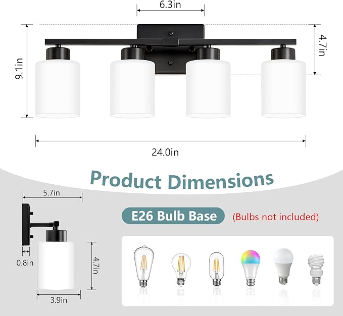 Black Bathroom Light Fixtures, 4-Light Modern Vanity Lights with Milky White Frosted Glass Shades, Wall Sconces for Mirror, Bathroom, Restroom (E26 Socket)