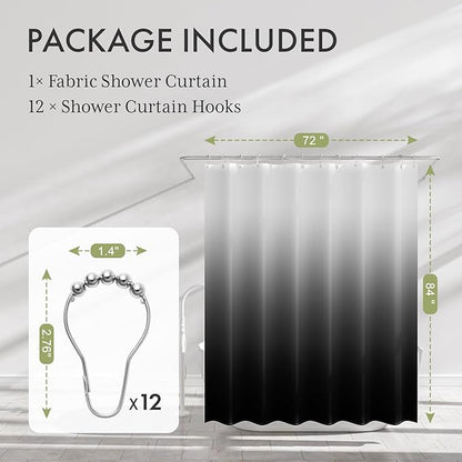 AmazerBath Shower Curtain, Ombre Black Fabric Shower Curtain Set with 12 Hooks, Farmhouse Cloth Black and White Shower Curtain, Washable Bathroom Shower Curtain Sets, 72x84 Inches