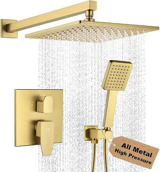 Shower Faucet Set Brushed Gold Rainfall 10 Inch Shower Head and Handle Set Bathroom Rain Shower System Wall Mounted Shower Fixture Shower Valve and Trim Kit