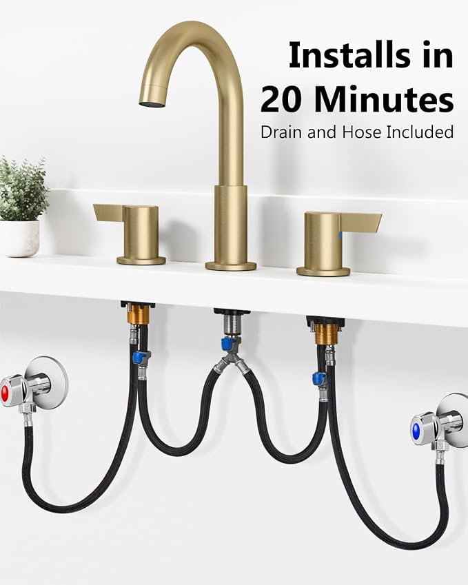 Brushed Gold Bathroom Faucet 3 Hole, 8 Inch Widespread 2-Handle | SUS304 Stainless Steel, 2-Handle Control, Pop-Up Drain, Supply Lines and Mounting Hardware for 8-Inch Widespread Vanity Sinks