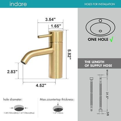Brushed Gold Bathroom Faucet, Single Hole Bathroom Sink Faucet Modern Single Handle Vanity Faucet with Pop-up Drain and Supply Lines,100102-BG