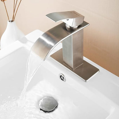 FRANSITON Brushed Nickel Waterfall Bathroom Faucet Lavatory Single Handle 1 or 3 Hole Bathroom Sink Faucet Washbasin Faucet with Deck and Pop-up Drain (Brushed Nickel- Set of 2, Short)