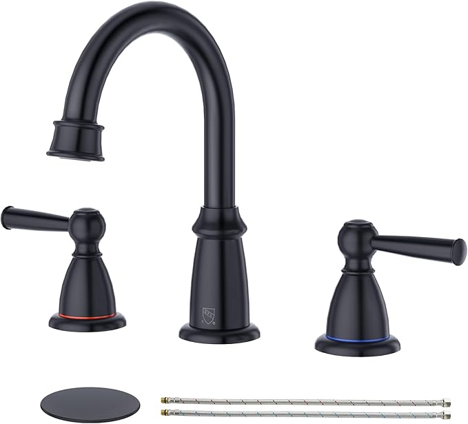 CREA Black Bathroom Faucet 3 Hole,2 Handles 8 Inch Widespread Bathroom Faucets with Drain for Sink Overflow,3 Pieces Matte Black Faucet for Bathroom Vanity RV Basin Tap(cPUC Supply Line)