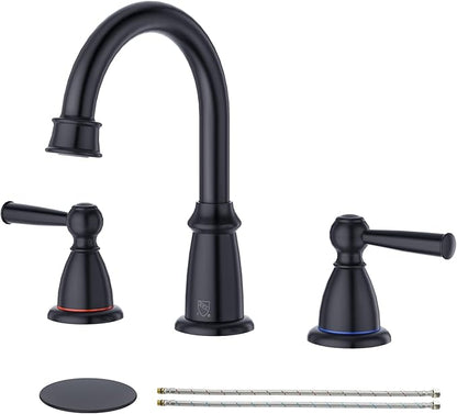 CREA Black Bathroom Faucet 3 Hole,2 Handles 8 Inch Widespread Bathroom Faucets with Drain for Sink Overflow,3 Pieces Matte Black Faucet for Bathroom Vanity RV Basin Tap(cPUC Supply Line)