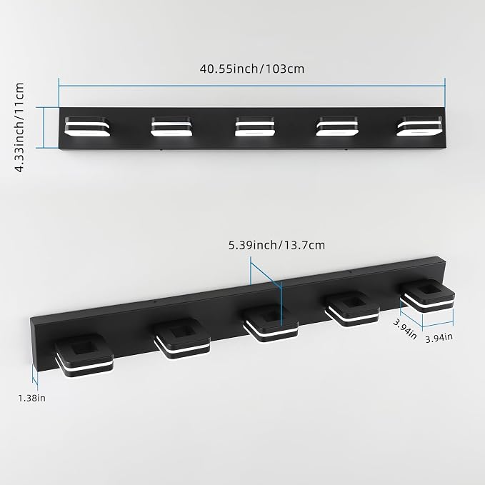 Modern LED Bathroom Vanity Light - 30W Dimmable Matte Black 5-Light Fixture, 40" Long Wall Light, Day Light 5500K, 110V AC