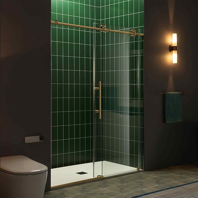 Woodbridge 56-60" W x 80" H Frameless Single Sliding Shower Door with Tempered Glass & Explosion Proof Film in Brushed Gold Finish