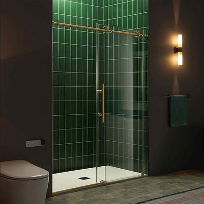 Woodbridge 56-60" W x 80" H Frameless Single Sliding Shower Door with Tempered Glass & Explosion Proof Film in Brushed Gold Finish