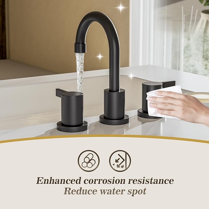 Phiestina 8 Inch 3-Hole Matte Black Widespread Bathroom Sink Faucet with Valve and Metal Pop-Up Drain Assembly, 2-Handle Low-Arch Bathroom Faucets Three Hole, WF15-1-MB