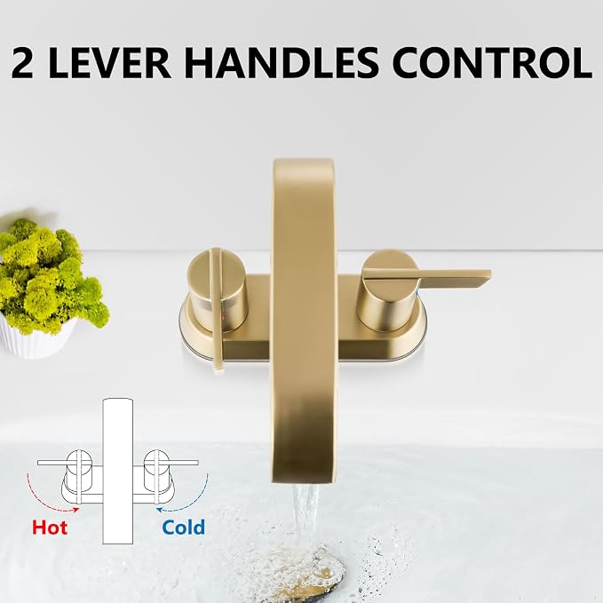 Brushed Gold Waterfall Bathroom Faucet 4 Inch Centerset,2-Handle | Stainless Steel 3-Hole Deck-Mount Design Includes Supply Lines and Pop-Up Drain for a Complete Vanity Installation