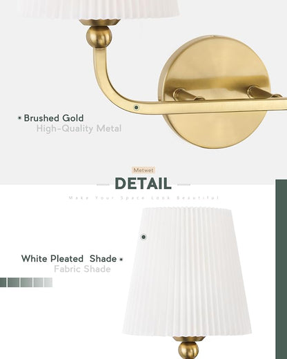 2-Light Brushed Gold Bathroom Vanity Light, Pleated Fabric Shade | 17" 2-light gold double wall sconce with white pleated fabric shades, E26 bulbs, hardwired, upward only, VL837-BG-Z-2