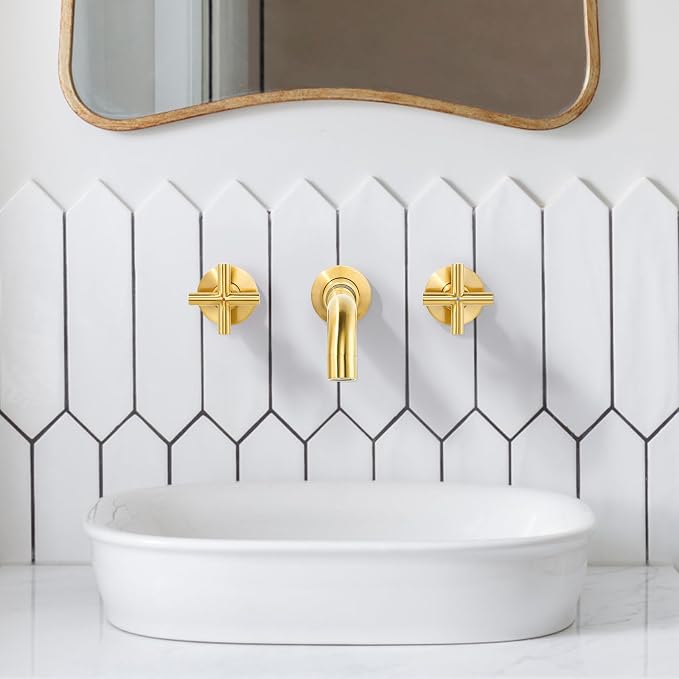 ARCORA Wall Mount Bathroom Faucet, Brushed Gold Bathroom Sink Faucet, 2 Handle Wall Mount Vessel Sink Faucet Rough in Brass Valve Included