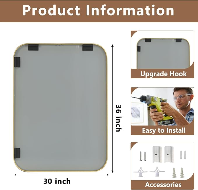 Brushed Gold Mirror, 30"x36" Rectangle Bathroom Mirror, Metal Frame Rectangle Corner Vanity Mirror, Wall Mounted Mirror for Modern, Living Room, Bedroom, Horizontal Or Vertical