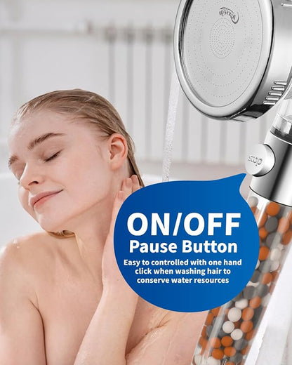 Filtered Shower Head for Hard Water with Stop, High Pressure | 4-Mode, Built-in Power Spray to Clean Corner, Tub & Pets, Water Softener Handheld Shower to Remove Chlorine & Fluoride