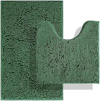 BOANKODU Bathroom Set - 2 Piece Soft Chenille Bath Rugs, Non-Slip, 32x20 + 20x20 Inch U Shape, Machine Washable (Dark Green)